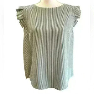 Monteau Los Angeles PIN STRIPE BLUE WHITE FLUTTER SLEEVE TOP L